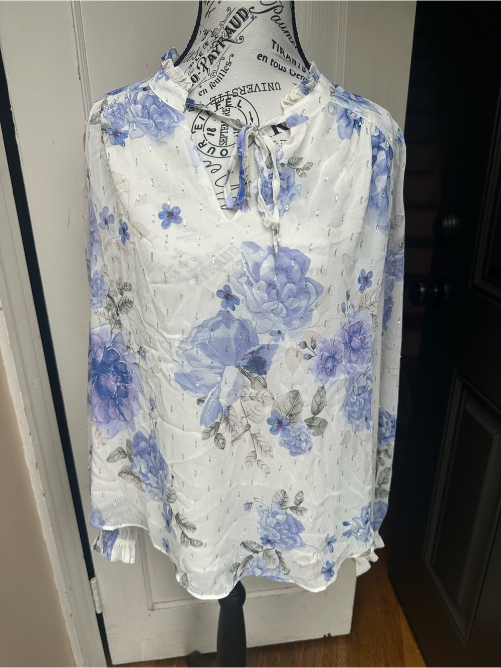 Joie Women’s L/G White Blue Floral Blouse Metallic Swiss Dot Tie Neck Boho